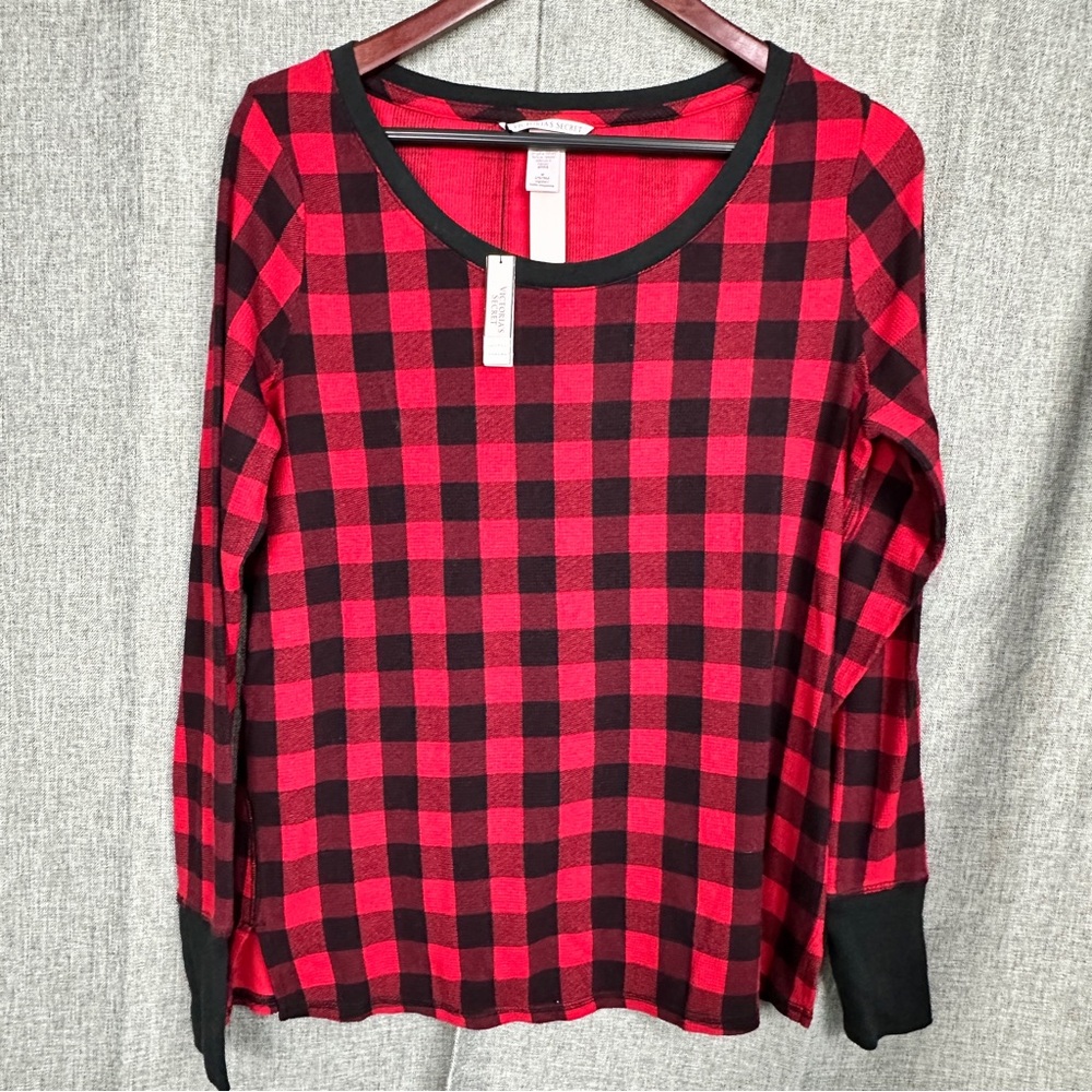 Victoria’s Secret Buffalo Plaid Thermal Top Red Black Long Sleeve M NWT Lounge